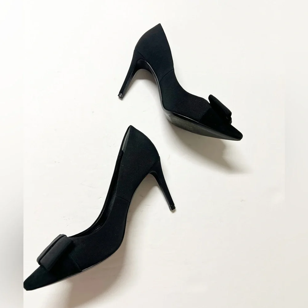 Tory Burch Aria Black Grosgrain Bow Suede Leather Pointed Toe Stiletto Heel 7M